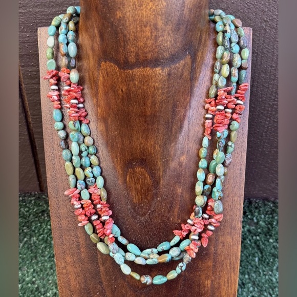 Sterling Silver Multi Strand Blue Green Turquoise Spiny Oyster Bead Necklace 20”